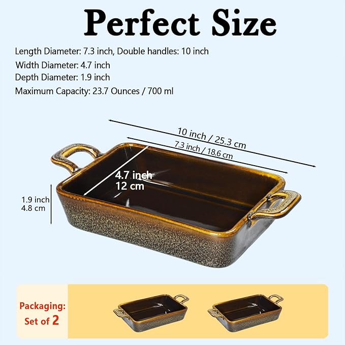 7 x 4 Au Gratin Baking Dishes for Oven Safe and Microwave Cooking and Baking, 2 piece, Heat Resistant Ceramic with Handles for Serving, Small Casserole Dish Set for 1 or 2 person servings, Brown