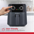 Holstein Housewares 4.4QT Air Fryer. Your All-in-One Culinary Solution. Air fry, roast, bake or grill. Adjustable temperature and time, Hot air technology and Dishwasher Safe, 1400W, Grey