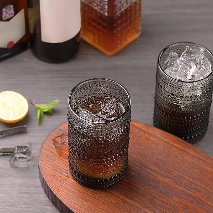 Moretoes Vintage Hobnail Drinking Glasses Set of 6, 15oz Highball Glass Cups, Kitchen Drinkware Glassware,Embossed Water Tumbler,for Beer,Cocktail,Whiskey,Juice and Various Mixed Drinks(Gray)