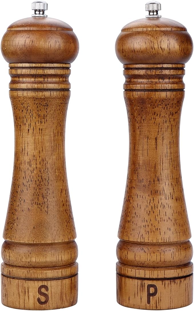 Gulex® Wood Pepper Grinder Pepper Mill,Adjustable Coarseness 8 Inch Wooden Peppermill, Ceramic Grinding Mechanism Salt Mill Refillable (1 pack) (Dark-2PC)