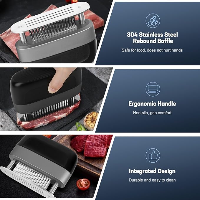 Stainless Steel Meat Tenderizer Tool 48 Ultra-sharp Needle Blades, No Detachable Needed for Easy Cleaning, Heavy-Duty Meat Tenderizer for Steak Chicken Pork Lamb, No More Mallet or Meat Hammer