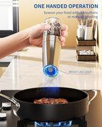 CIRCLE JOY Stainless Steel Graviry Electric Pepper Grinder Automatic Salt Grinder Pepper Griner Mill Electric, Battery Operated, LED Light, Adjustable Coarseness, for Home Kitchen BBQ, Silver