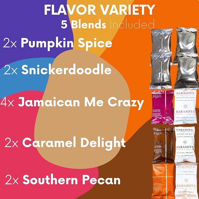 Coffee Gift Set Sampler – Flavored Ground Variety Pack | Medium Roast Low Acid Mold-Free Packets | Gourmet Pre-Measured 2oz Bags for 12 Cup Drip Makers, 12-Count – Sarasota