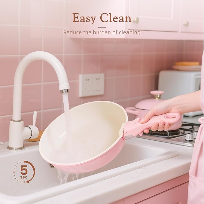 Astercook 21 Pcs Pots and Pans Non Stick Ceramic Cookware Set, Detachable Handles, RV Kitchen Cooking Set, Oven Safe, Induction Ready, Stackable, Pink