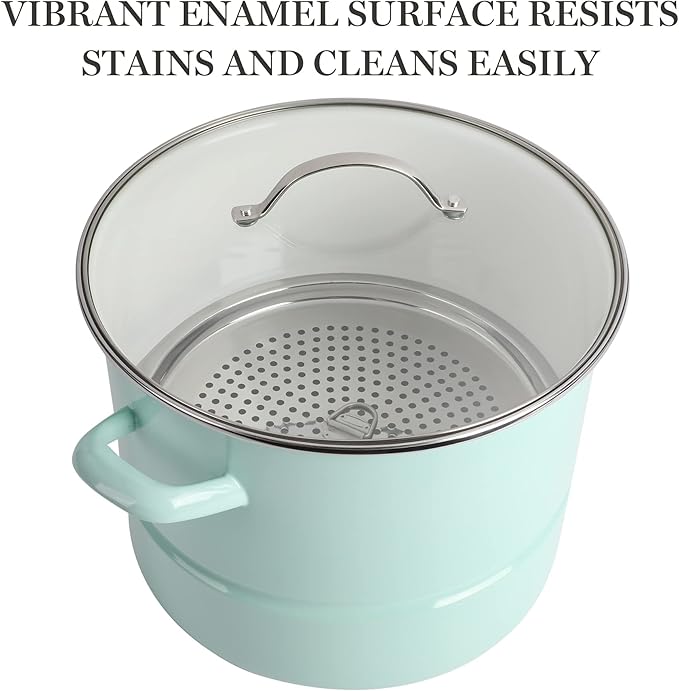 Martha Stewart Thayer 16-Quart Enamel On Steel Scratch Resistant Steamer Stock Pot w/Stainless Steel Insert - Martha Blue