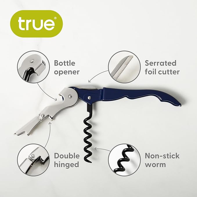 True Truetap Double Hinged Waiter's Corkscrew Wine Opener, Stainless Steel Wine Bottle Opener with Built In Foil Cutter, Bar Cart Accessories, Home Bar Tools, Wedding Gifts, Set of 1, Navy Blue