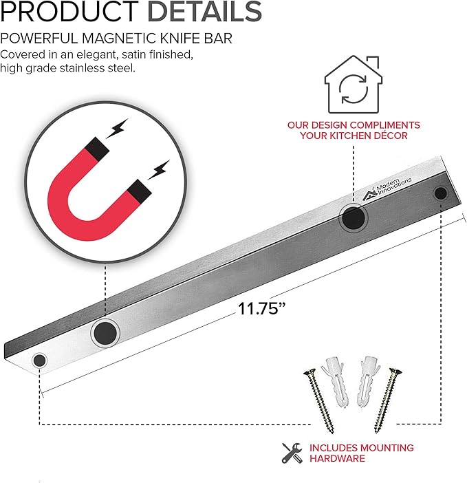 Modern Innovations 12 Inch Stainless Steel Magnetic Knife Bar with Multipurpose Use as Knife Holder, Knife Rack, Knife Strip, Kitchen Utensil Holder, Tool Holder, Art Supply Organizer, Home Organizer