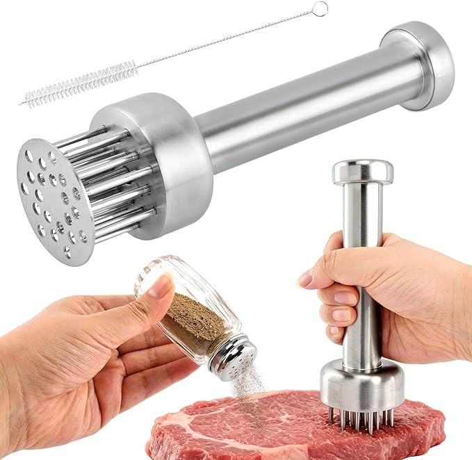 Stainless Steel Meat Tenderizer Tool, 21 Sharp Needles, Chicken Meat Tenderizer, Tenderizing Steak, Beef, Chicken, Pork, Barbecue, Marinating Prep Tool, with Cleaning Brush and Seasoning Jars