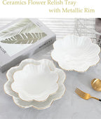 Porcelain Serving Dish,Ceramics Flower Relish Tray with Metallic Rim,Serving Bowls for Wedding,Party Perfect for Small Cereal, Pasta, Salad, Candy and Snacks White 8 inch (2pc-8inch)