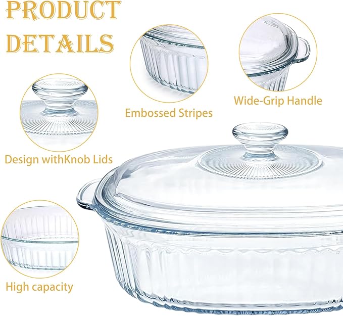 2 Pack Glass Casserole Baking Dishes with Lids for Oven,1.9 Qt and 3 Qt Ribbed Oval Glass Serving Dishes Bakeware Set for Lasagna,Casseroles,Leftovers,Cooking,Kitchen