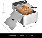 Commercial Deep Fryer with Basket, 1700w 11.6Qt 0.6mm Thickened Stainless Steel Countertop Electric Fryer for Home and Commercial Use, Oil Fryer with Double Overheat Protection
