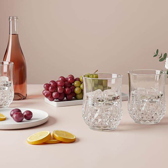 12 Pack Plastic Stemless Wine Glasses,12oz Unbreakable Vintage Elegant Drinking Glass Set,Reusable Fancy Cocktail Cups for Party, Wedding, and Bulk Events (12, 12oz-Transparent)