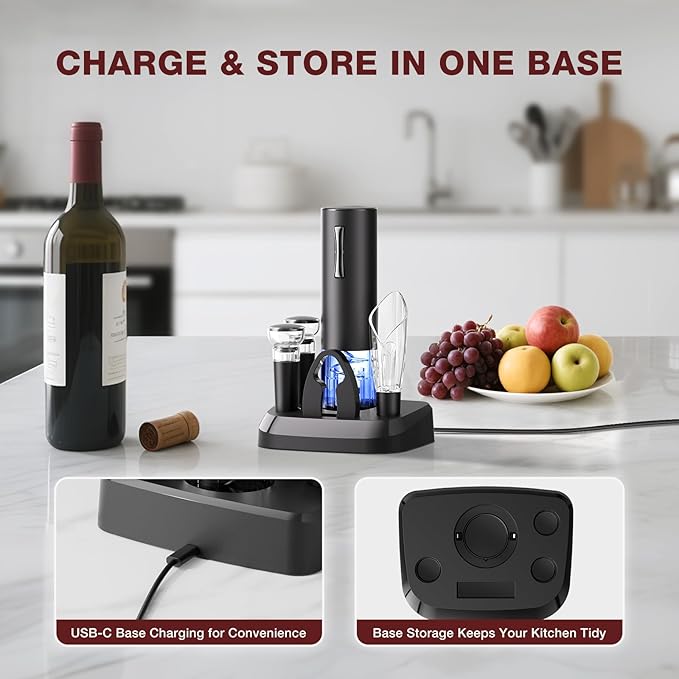 Electric Wine Opener Set, 7-in-1 Wine Gift Set with Charging Base, Foil Cutter, Aerator Pourer, 2 Vacuum Stoppers, Automatic Corkscrew, Wine Saver Kit, Holiday Christmas Gift for Men & Women