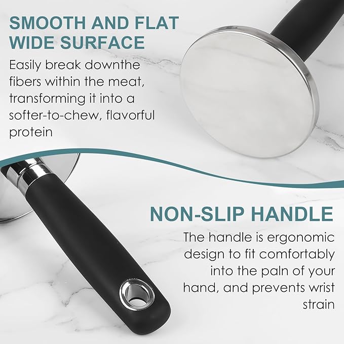 KAYCROWN Meat Pounder Tenderizer, Stainless Steel Kitchen Meat Tenderizer Hammer, Round Chicken Flattener Tool with Comfortable-Grip Rubber Handle for Flattening Cutlets and Tenderizing Meat