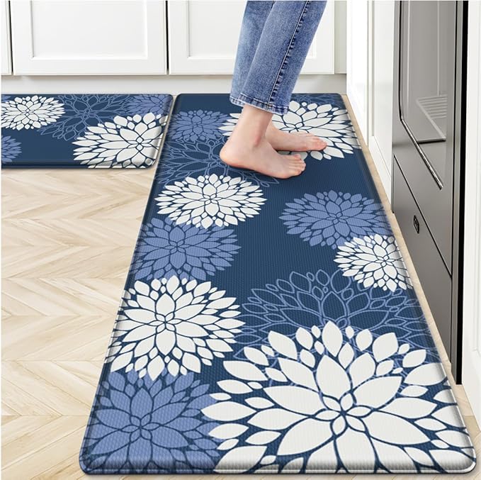 Kitchen Mats, 2PCS Non-Slip Cushioned Rugs, Anti-Fatigue Waterproof Floor Rug, Washable Standing Desk Mat, Home Laundry Office Apartment Decor and Accessories (17.3" ×47" +17.3" ×30"-Blue)