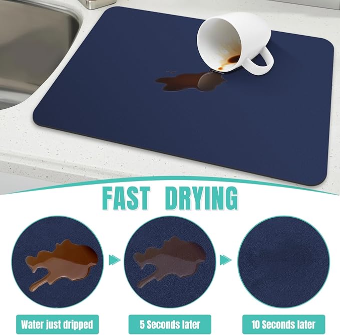 WISELIFE Coffee Mat Super Absorbent Dish Drying Mat Bar Accessories Match with Coffee Machine Large Drying Mats for Kitchen Counter 12" W x 19" L, Blue