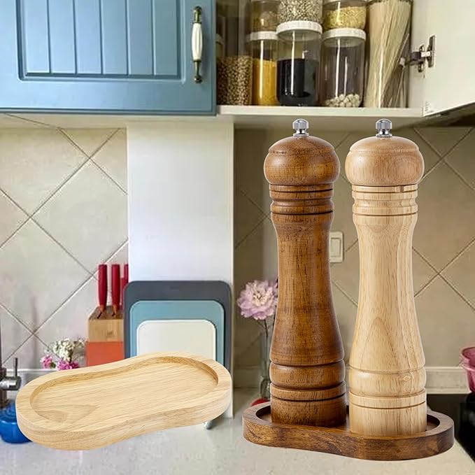 Salt and Pepper Wooden Mill Rest, Wood colours Pepper Grinder Tray, Work Surface and Dining Table Protector (Pepper mill not included)
