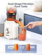 Ganiza Juicer Machines, Cold Press Juicer with Large Feed Chute for Whole Fruits & Vegetables, Slow Masticating juicers with 3 Replace Filters for Batch Juicing, Easy to Clean, BPA Free (White)