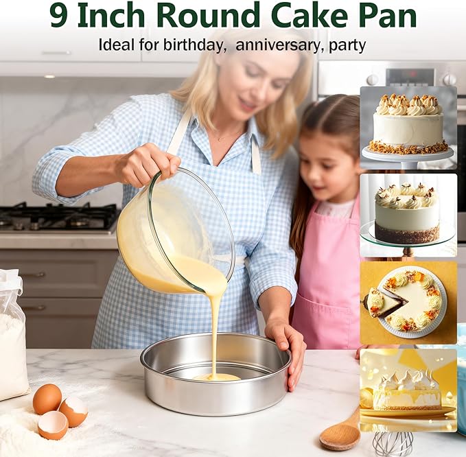 P&P CHEF 9 Inch Cake Pan Set of 2, 2 Pieces Round Layer Cake Baking Pans, Stainless Steel Smash Cake Tin Bakeware for Cooking Steaming, Nontoxic & Sturdy, Oven & Dishwasher Safe