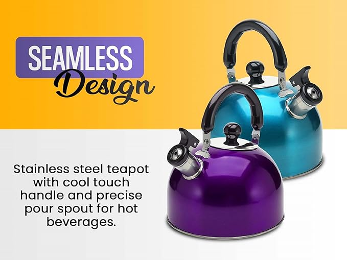 Stainless Steel Stovetop Whistling Tea Kettle 3 Liter (3-Quart) Classic Teapot with Ergonomic Handle, Works on Induction Cooktops-Turquoise.