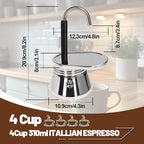 4 Cup Single Tube Moka Pot Stainless Steel Stovetop Espresso Maker Cafeteras Italian Percolator Espress Makers Capable Greca Mocha Coffee Machine for Induction Home 310ml 10.5oz