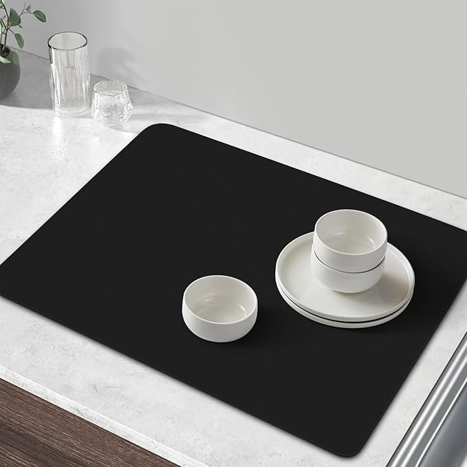 WISELIFE Coffee Mat Super Absorbent Dish Drying Mat Bar Accessories Match with Coffee Machine Large Drying Mats for Kitchen Counter 16" W x 24" L, Black