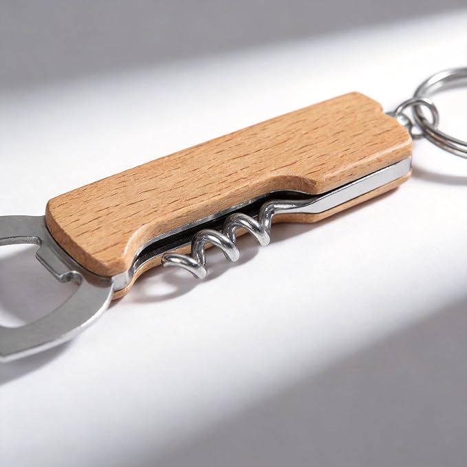3-in-1 Bottle Opener Keychain (3 Pack), Wooden Handle Corkscrew, Foil Cutter & Beer Opener, Portable Key Ring Bar Tool for Home, Camping, Travel & Outdoor Use