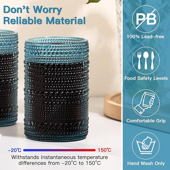 JOVGANK Blue Vintage Hobnail Drinking Glasses Set of 6, Water Tumbler 15oz, Kitchen & Bar Beaded Highball Glasses, Beverage Glass Cups for Water, Beer, Juice, Housewarming and Mother's Day Gift