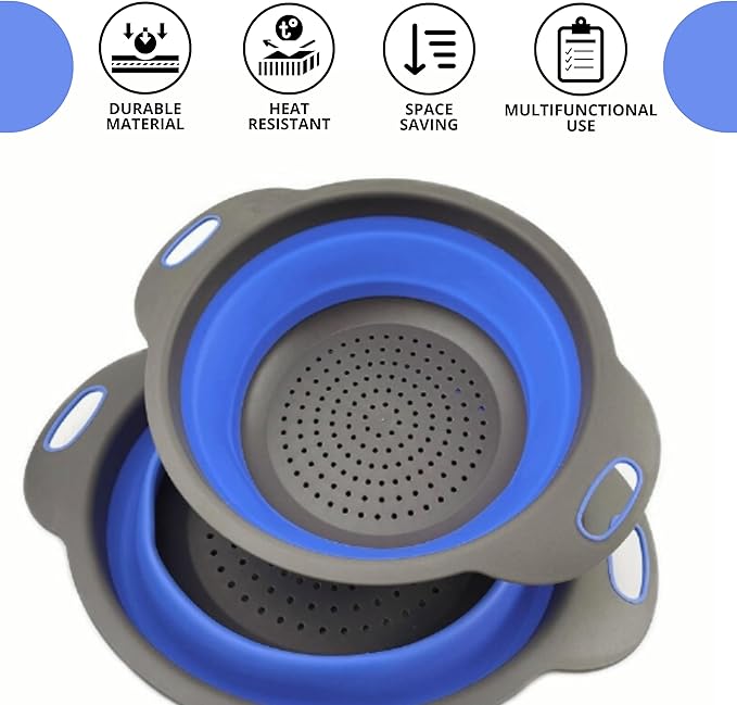 Round Silicone Blue Colander Collapsible – Foldable Kitchen Strainer Small Collapsible Colander Blue with Plastic Handles for Draining Vegetable and Fruit Round Silicone Kitchen Strainer for Pasta