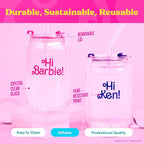 Dragon Glassware x Barbie The Movie - 16 oz Glass Cups with Lids and Straws, Set of 2 - Iced Coffee Cups with Lids - Glass Tumbler with Straw and Lid for Hot, Cold Drinks - Hi Barbie! Hi Ken!