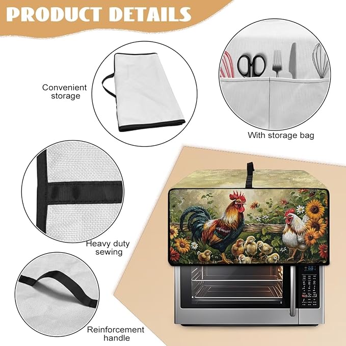 Rooster Sunflower Print Toaster Oven Dust-proof Cover Heat-Resistant Kitchen Small Appliance Air Fryer Covers Universal Washable Microwave Oven Covers (Medium-16.1 * 19.71 * 10 inches)