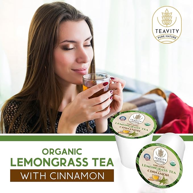 Teavity Organic Lemongrass and Cinnamon Tea Pods for Keurig - Naturally Decaffeinated Herbal Tea Blend (12 Pods)