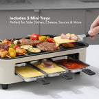 OVENTE 2-in-1 Electric Indoor Grill, 1500W Smokeless Korean BBQ Griddle with Non-Stick Removable Cooking Plate, 3 Raclette Cheese Pans, Adjustable Temperature Control, Dishwasher Safe, Beige BQR1502B