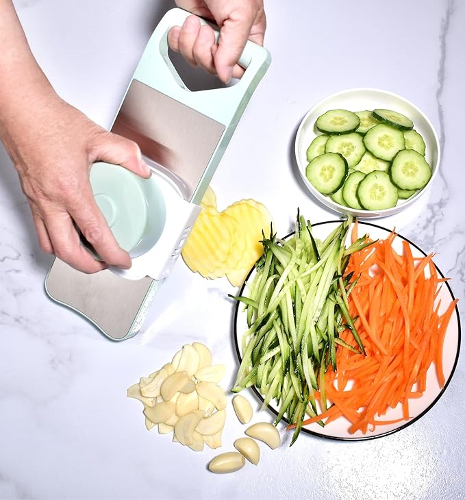 NACOLUS Multi-Purpose Mandoline Slicer for Kitchen with Slide-On Hand Guard - Vegetable Chopper, Potato/Onion/Garlic Slicer, Kitchen Grater(Multi-Color) (Seafoam green, 5-in-1)