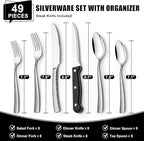 49-Piece Hammered Silverware Set with Organizer, Food-Grade Stainless Steel Flatware for 8, Cutlery Utensil Sets with Steak Knives, Rust-proof, Mirror Polished, Dishwasher Safe, Wave Hammered