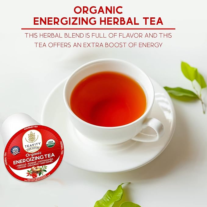 Organic Ashwagandha Tea Pods for Keurig with Ginger, Licorice, Organic Hibiscus Sabdariffa, Rosehip, & Lime - Decaf Herbal Tea - Energizing Tea by Teavity (36 Tea Pods)