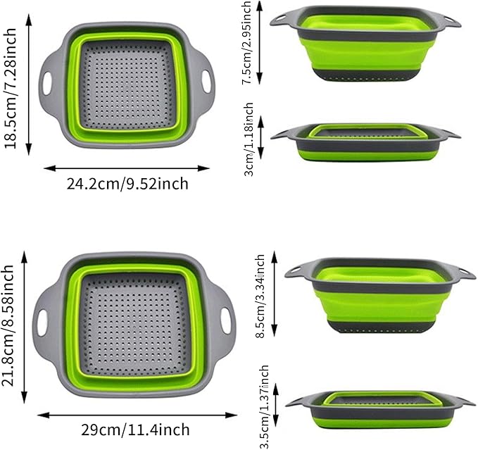 2 PCS Collapsible Colander, Collapsible Strainers for Kitchen, 11.5 inches Silicone Strainer and 9.5 inches Silicone Colander for Draining Vegetable fruit, Kitchen Food Strainer, Green