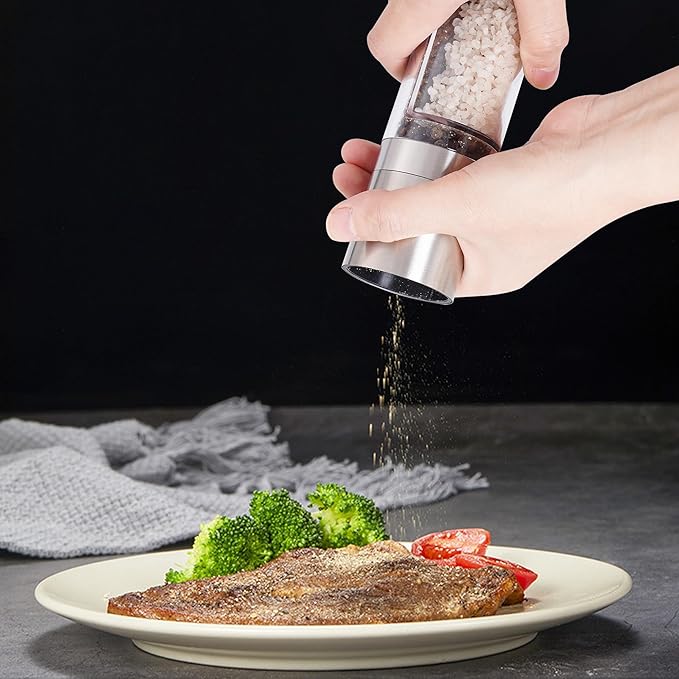 2 in 1 Salt and Pepper Grinder Stainless Steel Manual Pepper Mill Adjustable Coarseness Ceramic Spice Grinder Dual Refillable Salt Pepper Mill Shaker for Camping Travel Outdoor Home BBQ