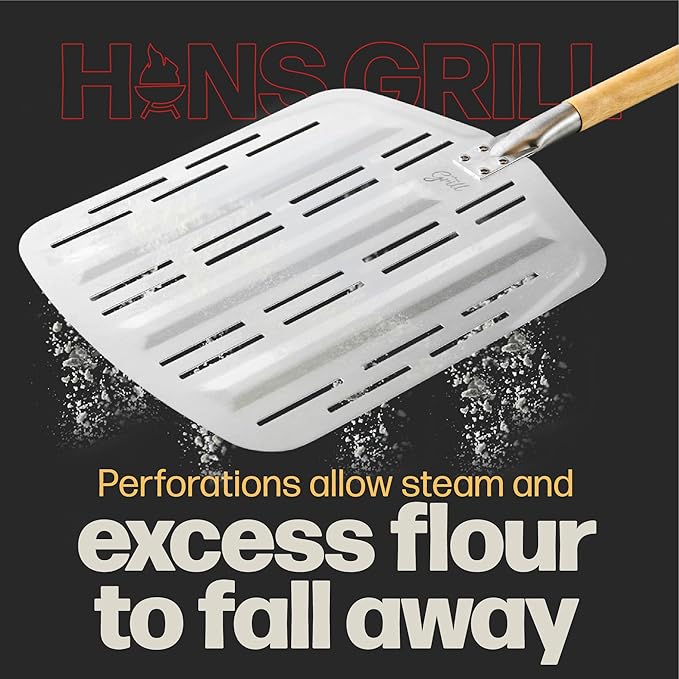 Hans Grill Pizza Peel PRO | Made for XL Pizza 12 inch + | Professional Restaurant Grade Perforated Metal Non-Stick Paddle for launching, turning and retrieving pizzas (Peel Pro) (Grey)
