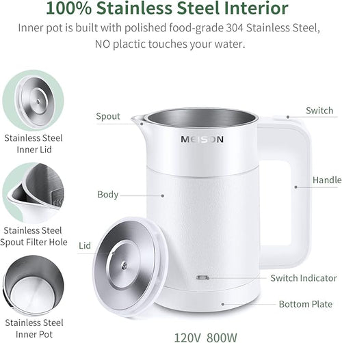 0.6L Small Electric Kettles Stainless Steel, Travel Mini Hot Water Boiler Heater, Double Wall Cool Touch Portable Teapot, Auto Shut-Off & Boil-Dry Protection, 120V/800W, 2 Year Warranty (white)