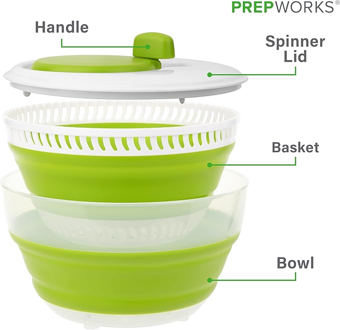 PrepWorks 3 Qt Collapsible Salad Spinner – Space-Saving, Easy-to-Use, BPA-Free, for Quick Salad Washing & Drying, Dishwasher Safe