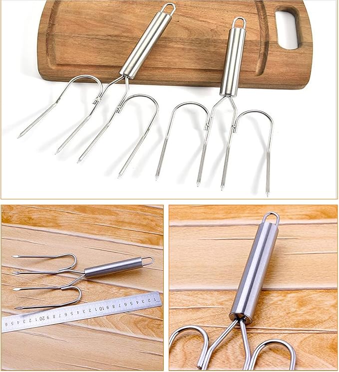 Thanksgiving Turkey & Roast Lifters, Stainless Steel Roaster Forks, Transfer Chicken or Ham Poultry Lifters Easily, Four Needle Meat Fork, Set of 2