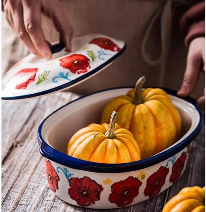 Floral Ceramic Casserole Dish with Lid – 40oz Oval Baking Dish, Oven-Safe Stoneware for Lasagna, Roasting, Serving – Elegant Floral Design, Microwave & Dishwasher Safe – Perfect for 1-2 Person