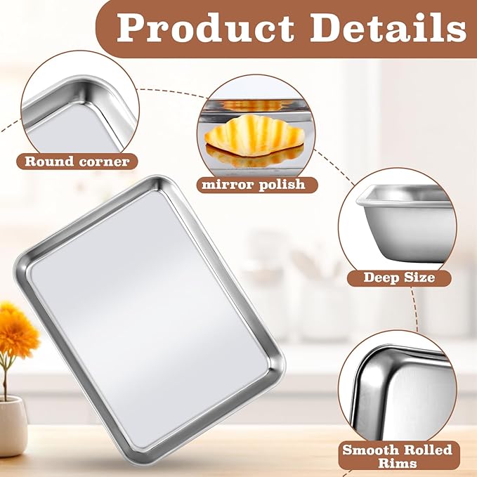 Baking Sheet Pan Set of 4, Stainless Steel Toaster Oven Pans, Small Cookie Sheet,Metal Baking Pan Oven Tray, Easy Clean & Dishwasher Safe, Mirror Surface(10 x 8 x 1 inches