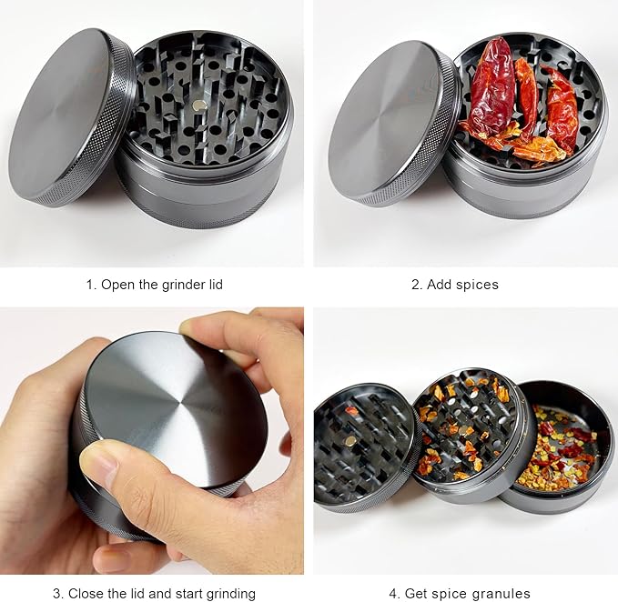 3.0-inch Gripper Grinder, Aluminum Seasoning Spice Crusher (Grey)