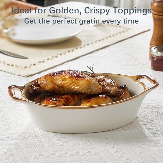 ONEMORE Au Gratin Baking Dish Oval Ceramic White Small Casserole Dish Oven Safe Baking Dishes for Oven Individual Serving Dishes Mini Casserole Dish Set of 4 for Lasagna Quiche, 6x8, 20 oz, Brown Rim