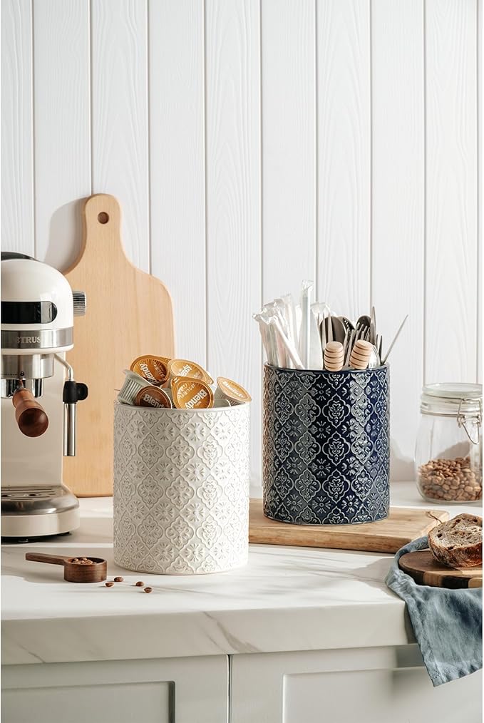 Kitchen Utensil Holder, 6x7 inch Large Ceramic Utensil Holder with Embossed Pattern, Cooking Utensil Crocks for Kitchen Countertop, Home Decor, Blue