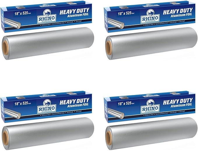 Rhino Aluminum Foil Heavy Duty 18 x 525 sf - (Pack of 4) Foil Aluminum Roll, 25 Microns Thick - Commercial Grade & Extra Thick, Strong Enough for Food Service Industry