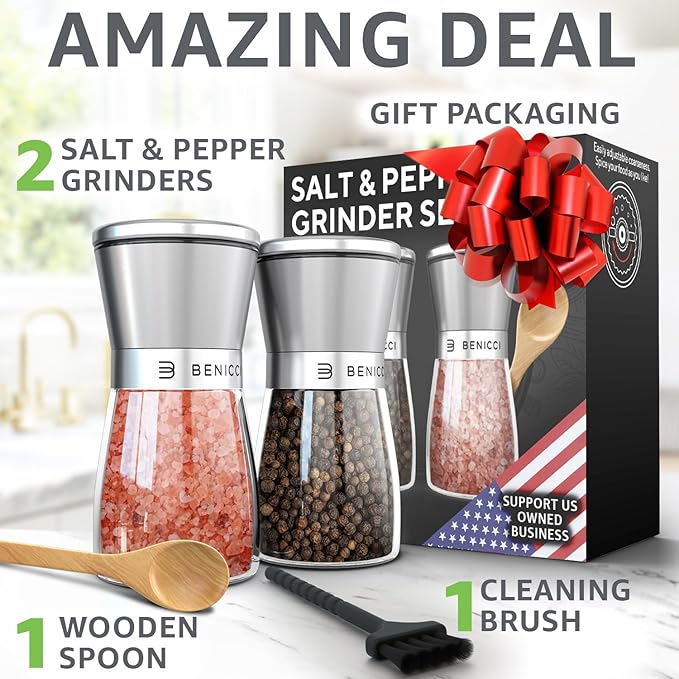 Stainless Steel Salt and Pepper Grinder Set of 2 (5oz) – Manual Adjustable Ceramic Mills – Grinders with 5 Coarseness Levels – Refillable Glass Shakers, No Batteries – Includes Spoon & Brush