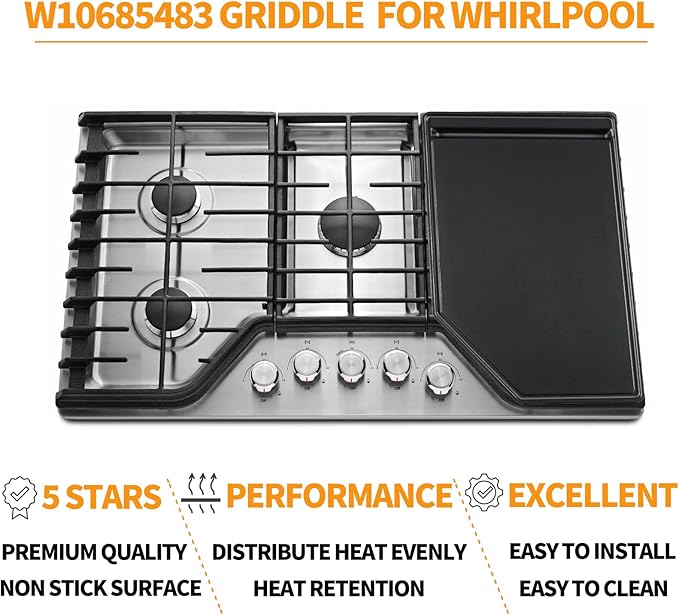 Atgestore Upgraded W10685483 Griddle Replacement for Whirlpool Stove Parts 19.7"X12.4" Cast Iron Griddle Plate KitchenAid Amana 4/5 Burner Gas Range Stove Top Cooktop Burner Griddle Flat Top Pan